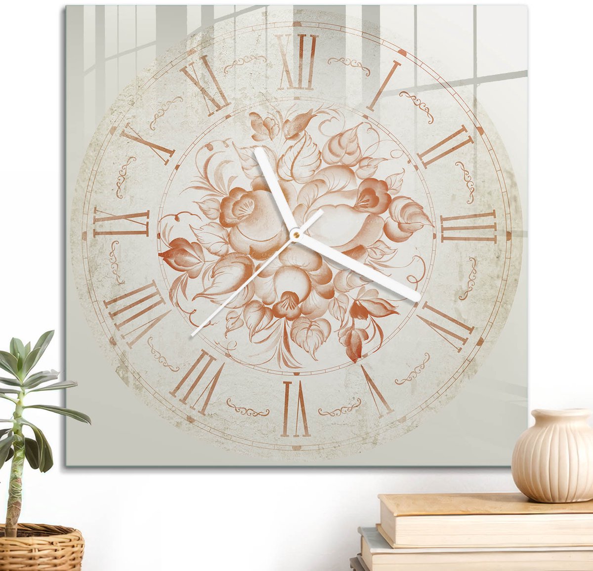 ArtPrintCave Beige Glazen Klok - 30x30 cm - Wandklok Vierkant - Bloemenklok Stille Wandklok - Kunst Wandklok Keuken - Witte Klokwijzers
