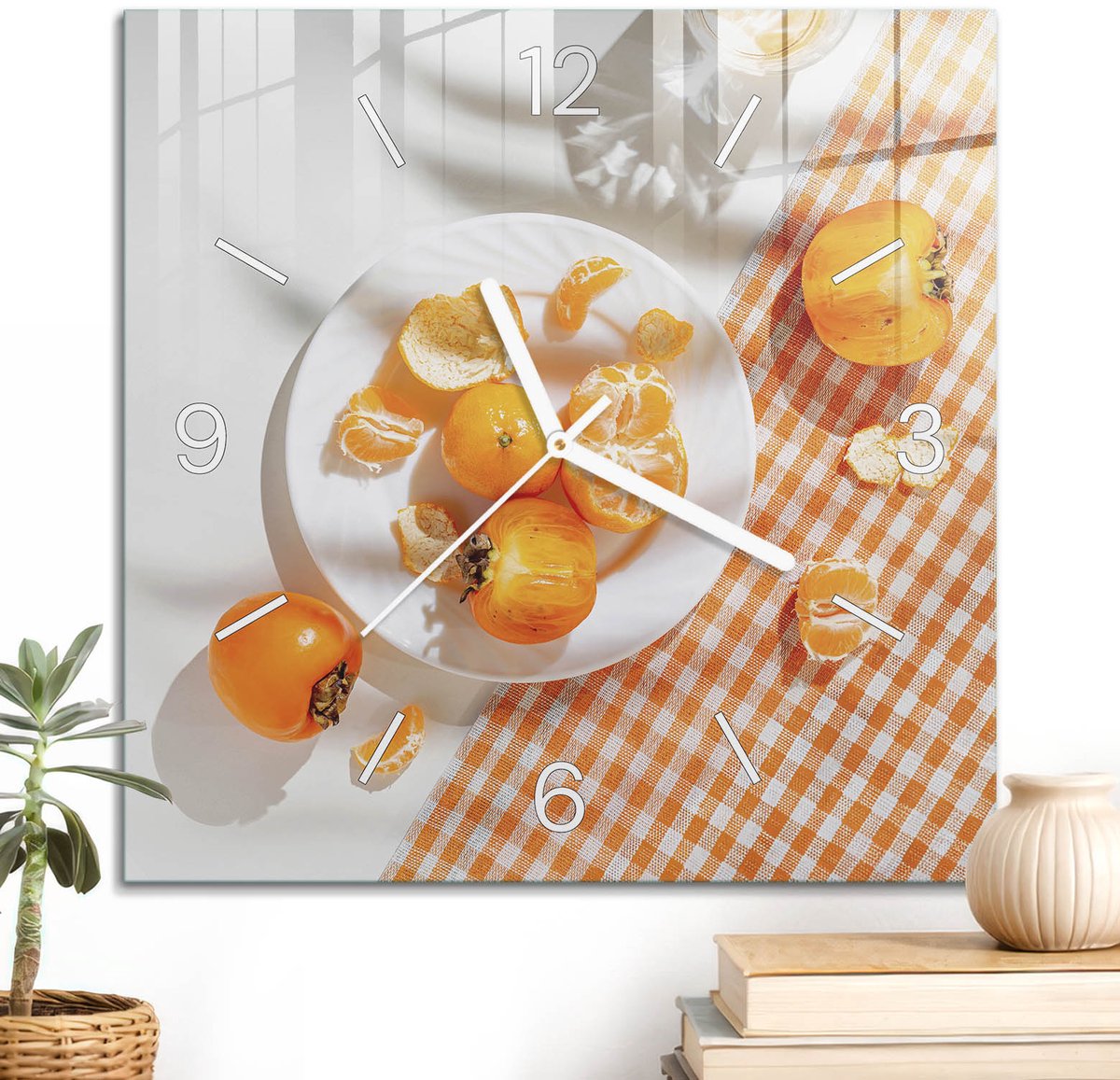 ArtPrintCave Oranje Glazen Klok - 30x30 cm - Wandklok Vierkant - Fruittafel Wandklok Keuken - Natuur Unieke Klok - Witte Klokwijzers