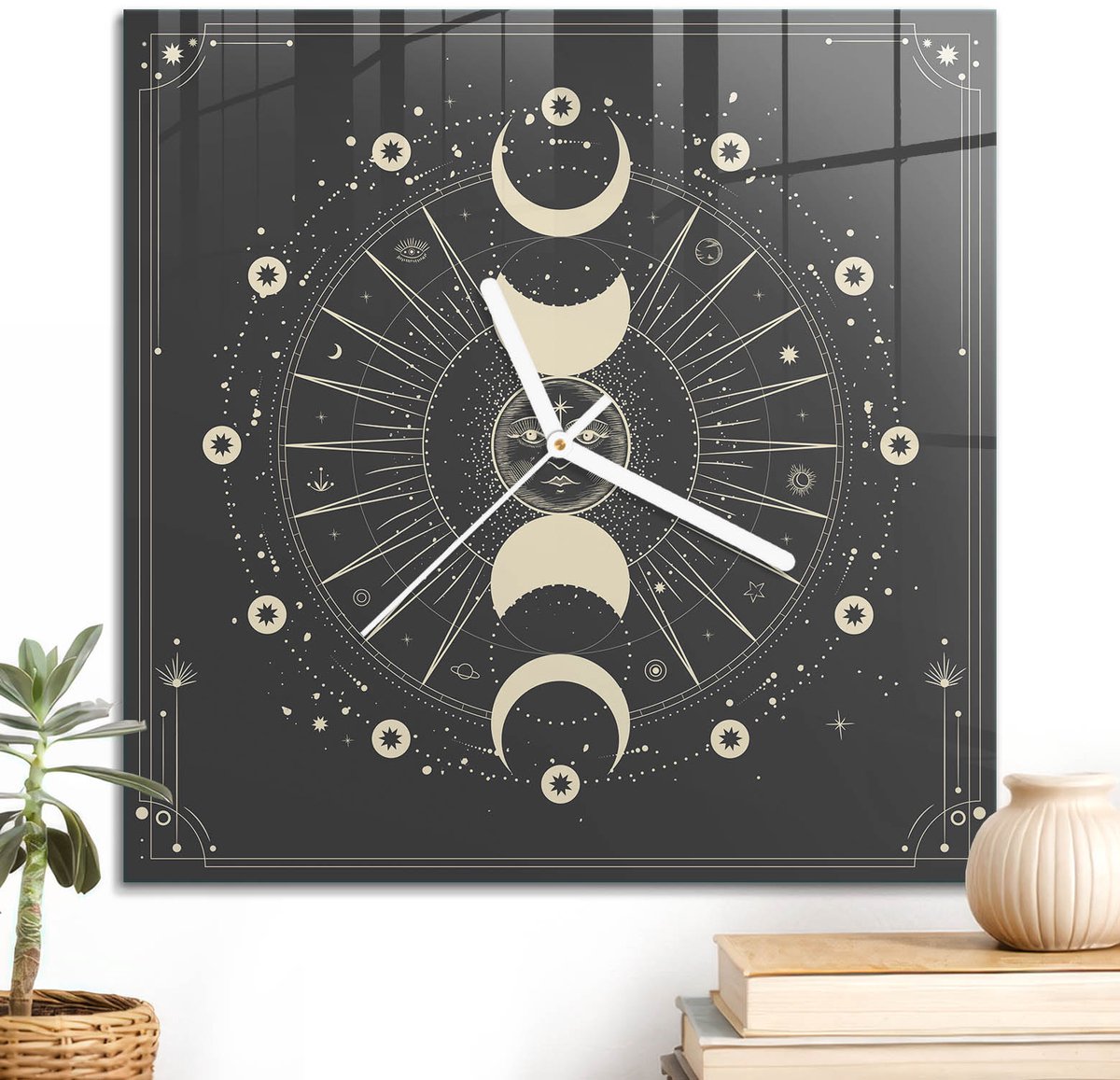 ArtPrintCave Zwart Glazen Klok - 30x30 cm - Wandklok Vierkant - Maanritueel Unieke Klok - Abstractie Stille Wandklok - Witte Klokwijzers