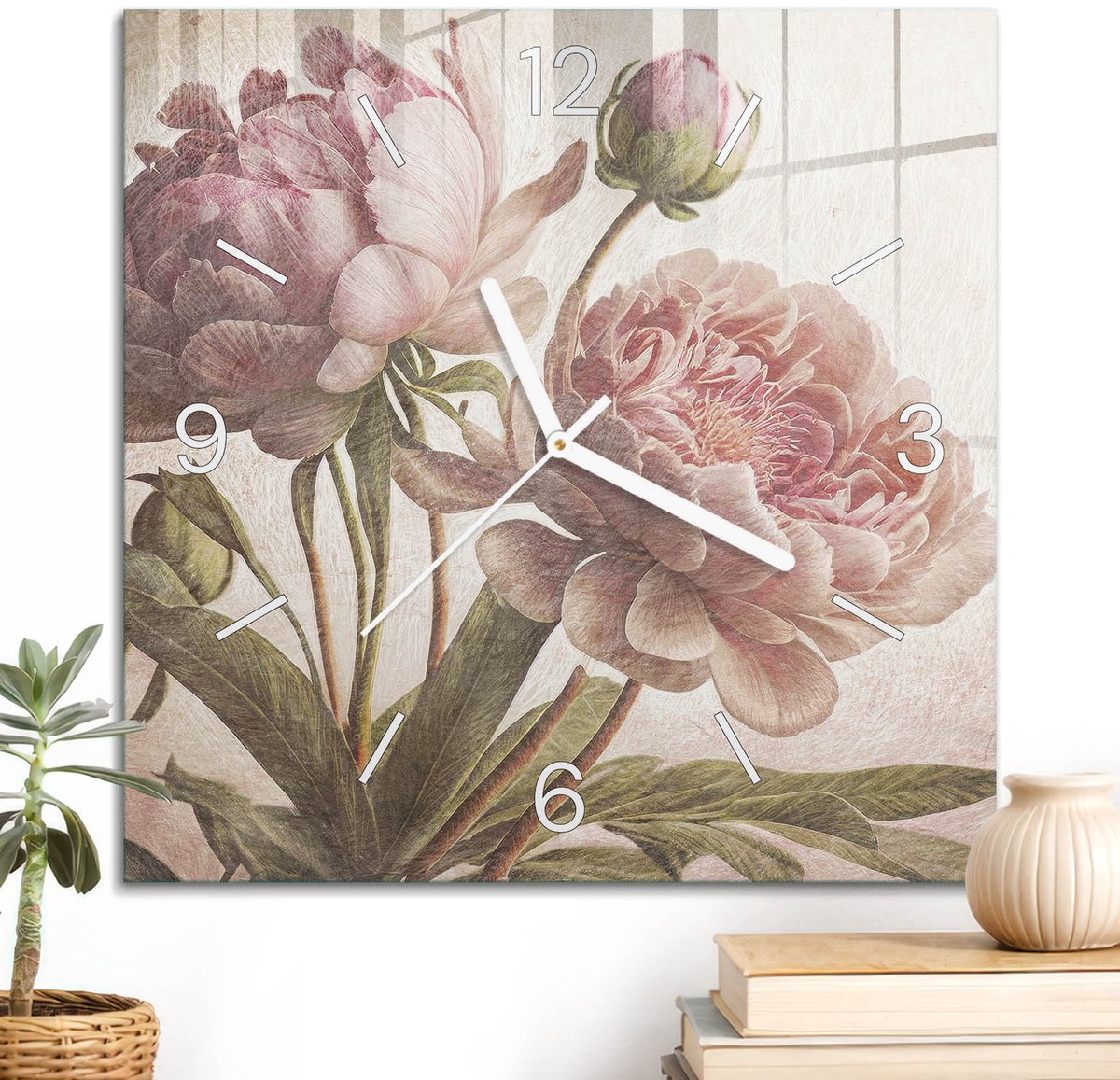 ArtPrintCave Roze Glazen Klok - 30x30 cm - Wandklok Vierkant - Vintage Pioenrozen Stille Wandklok - Kunst Wandklok Keuken - Witte Klokwijzers