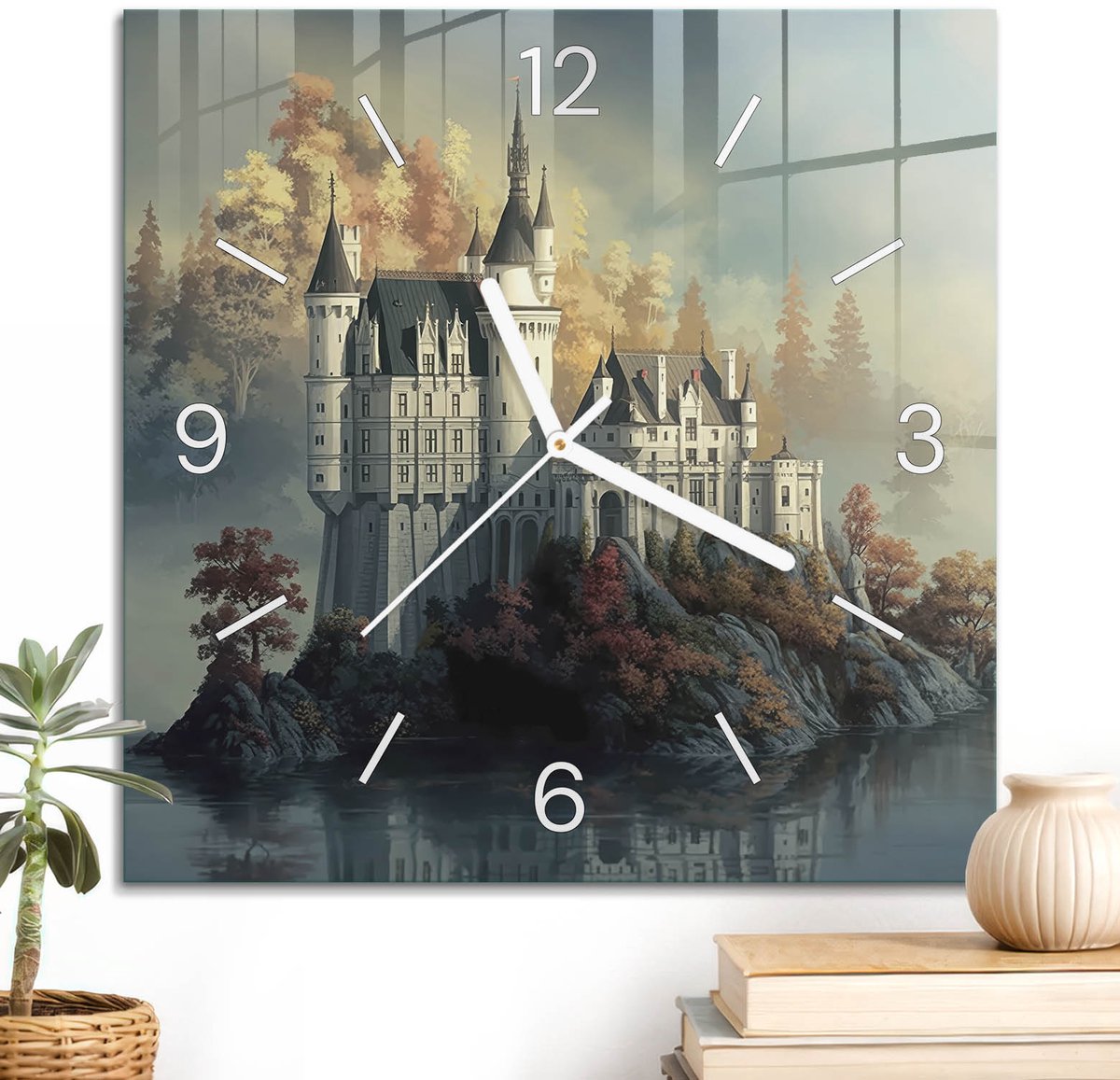 ArtPrintCave Beige Glazen Klok - 30x30 cm - Wandklok Vierkant - Sprookjeskasteel Unieke Klok - Natuur Stille Wandklok - Witte Klokwijzers