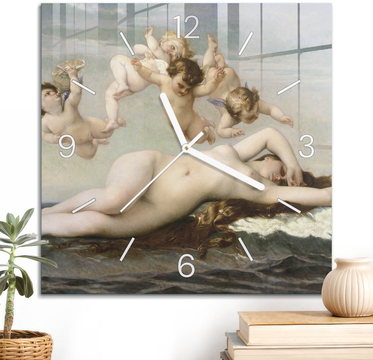 ArtPrintCave Beige Glazen Klok - 30x30 cm - Wandklok Vierkant - Mythologische Scène Unieke Klok - Mensen Stille Wandklok - Witte Klokwijzers