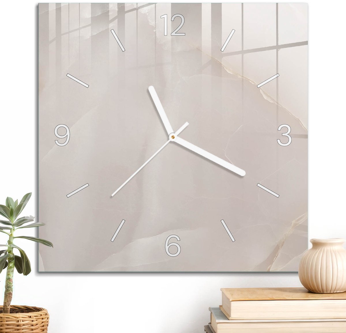 ArtPrintCave Beige Glazen Klok - 30x30 cm - Wandklok Vierkant - De Elegantie Van De Natuur Unieke Klok - Natuur Stille Wandklok - Witte Klokwijzers