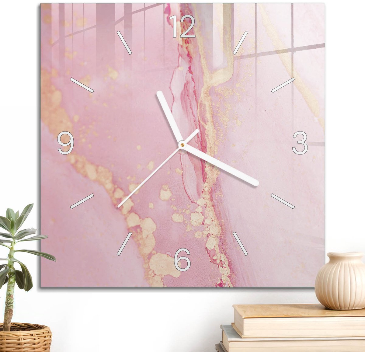 ArtPrintCave Roze Glazen Klok - 30x30 cm - Wandklok Vierkant - Roze Achtergrond Stille Wandklok - Achtergronden En Patronen Wandklok Keuken - Witte Klokwijzers