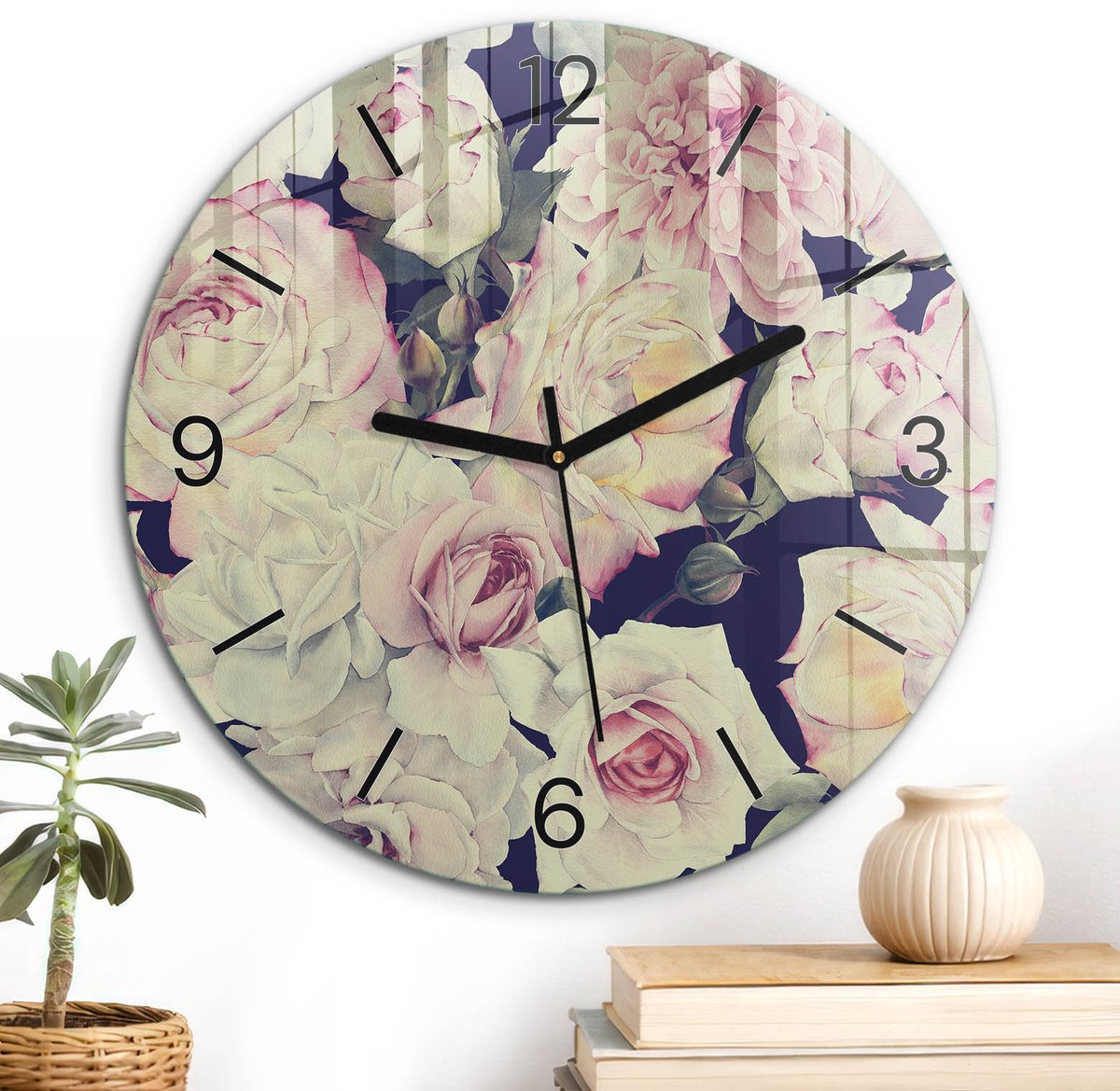 ArtPrintCave Roze Glazen Klok - Wandklok 30 cm - Muurklok Rond - Romantische Bloemen Stille Wandklok - Natuur Wandklok Keuken - Zwarte Klokwijzers