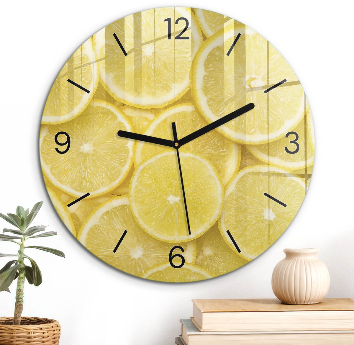 ArtPrintCave Geel Glazen Klok - Wandklok 30 cm - Muurklok Rond - Sappige Energie Unieke Klok - Texturen Stille Wandklok - Zwarte Klokwijzers