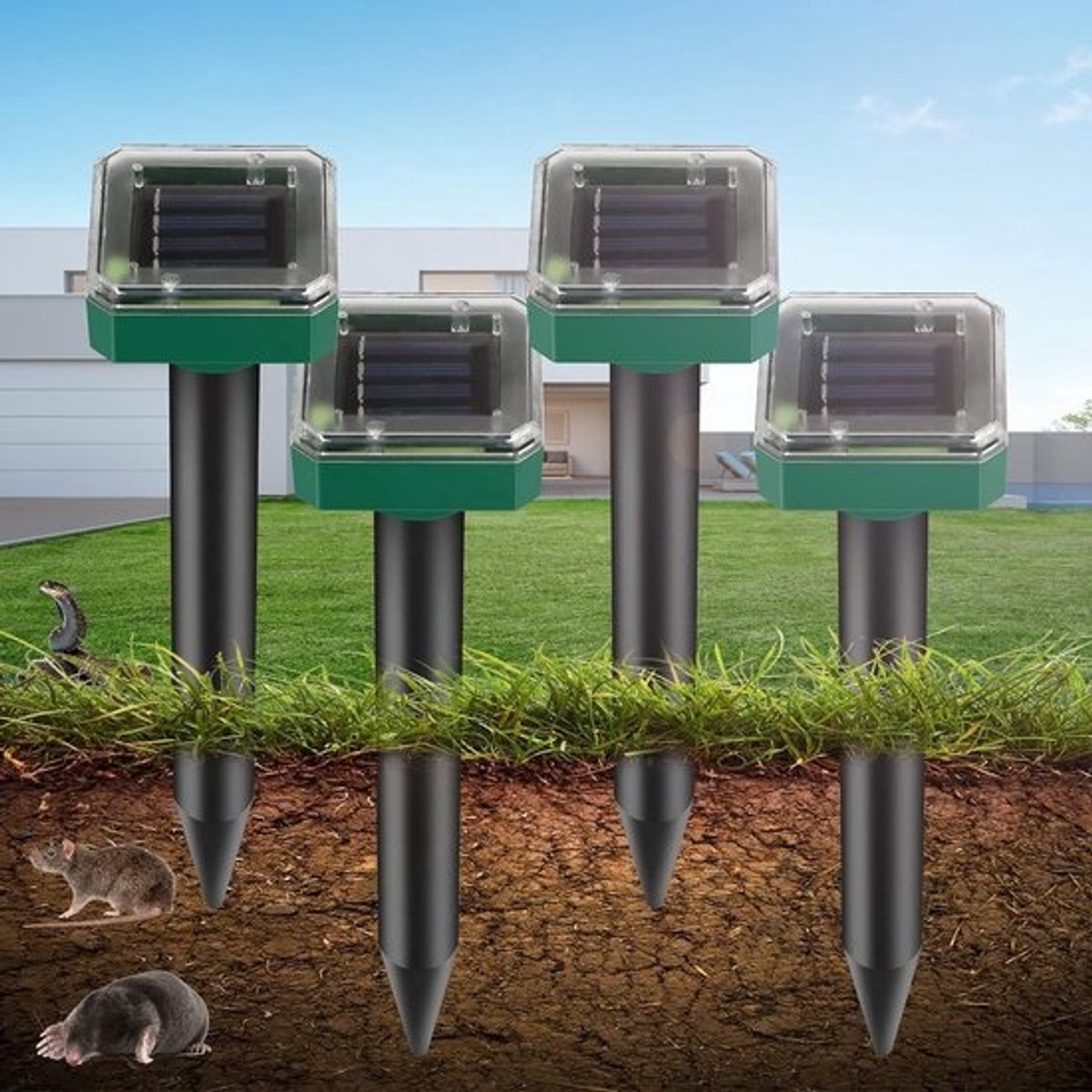 Ultrasone mollenbestrijding - 4 stuks zonne-energie mollenafschrikker IP65 voor tuin en gazon