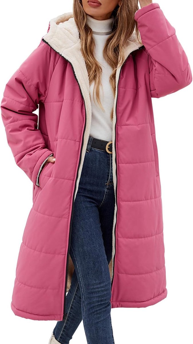 Winterjas voor dames met capuchon, winterjas, lang, warm, omkeerbaar, sherpa fleecejack, teddyfleece jas, mantel, ritssluiting, overgangsjas, bovenkleding, gewatteerde jas