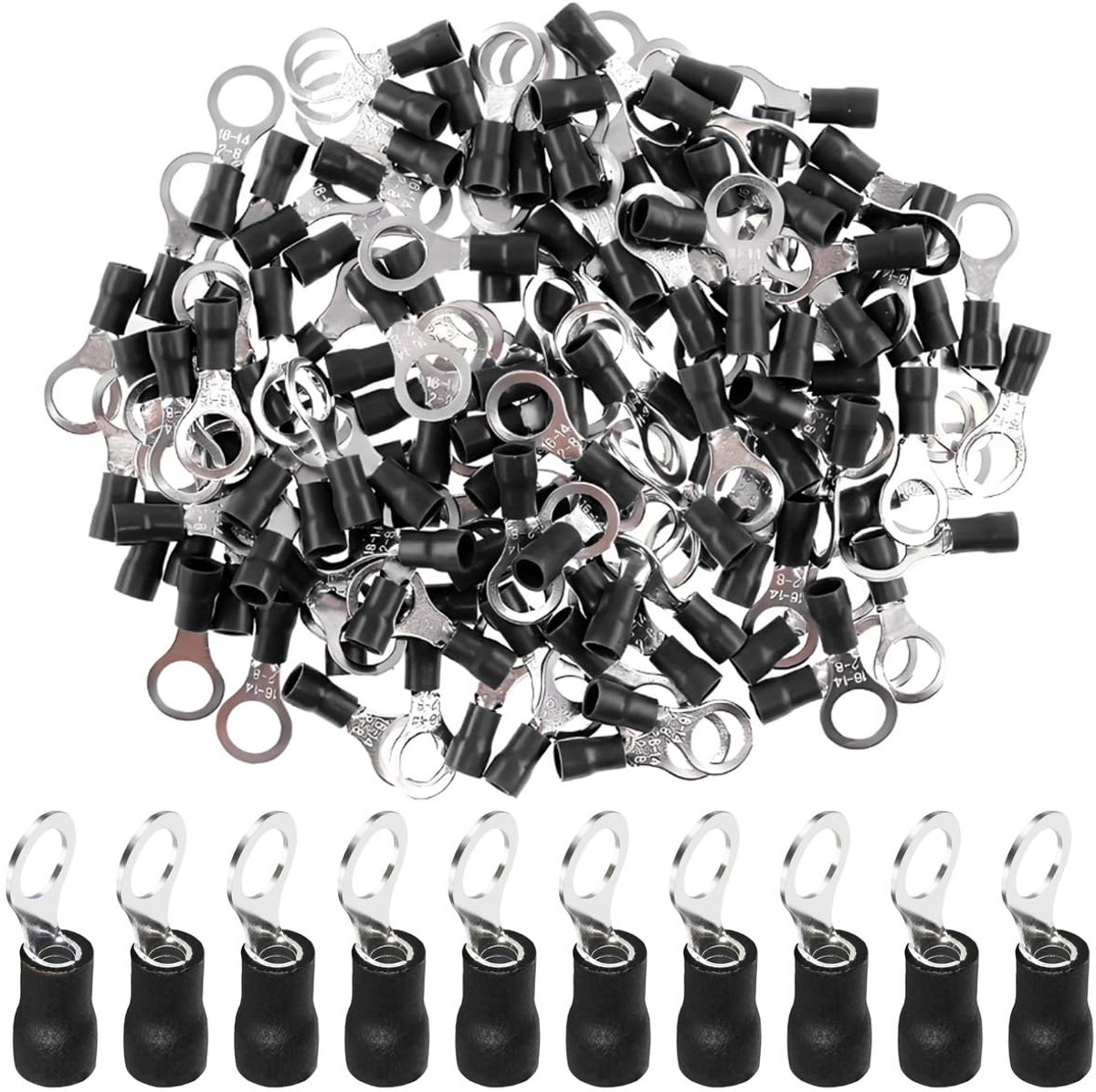 100 stuks geïsoleerde koperen ringklemmen, M6, geïsoleerde krimpklemmen, set, 6,4 mm, krimpconnector, aanslag, krimpkabel, 2,5-4,0 mm², 14-12 AWG, zwart