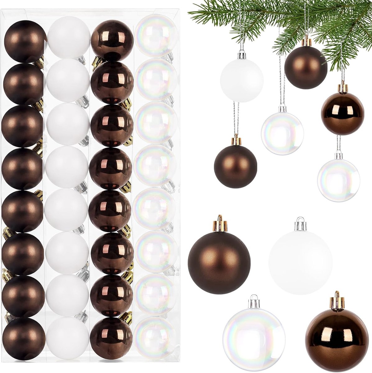 Kerstballen Set, 4 cm Kerstboomballen Kunststof Koffiebruin & Wit Kerstboomballen Onbreekbare Kerstdecoratie met Ophanghaakje Kerstdecoratie Ballen