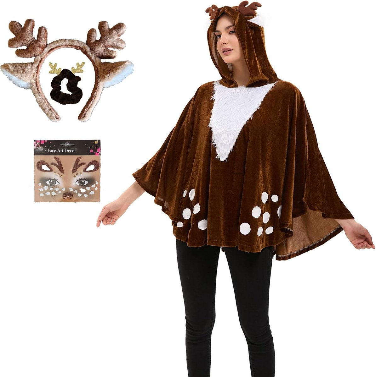 Hertenkostuum voor dames, carnavalskostuum, hert met poncho, haarband, gezichtstattoo en haarelastiekjes, carnavalskostuum, rendier, dierkostuum voor volwassenen, voor carnaval, Kerstmis