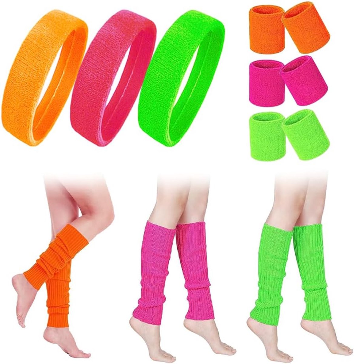 80 zweetbandenset, jaren 80 en 90-outfit voor dames, kostuumaccessoires, neon hoofdband, armband, beenwarmers, retro feestaccessoires voor jaren 80 en 90 kostuum, party, carnaval