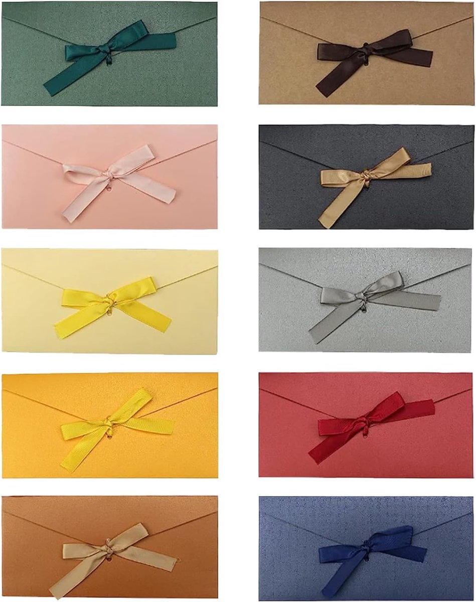 Retro kraftpapier, gekleurde enveloppen met linten, cadeaubonnen, enveloppen voor Thanksgiving, bruiloft, feest, Kerstmis (10 stuks)