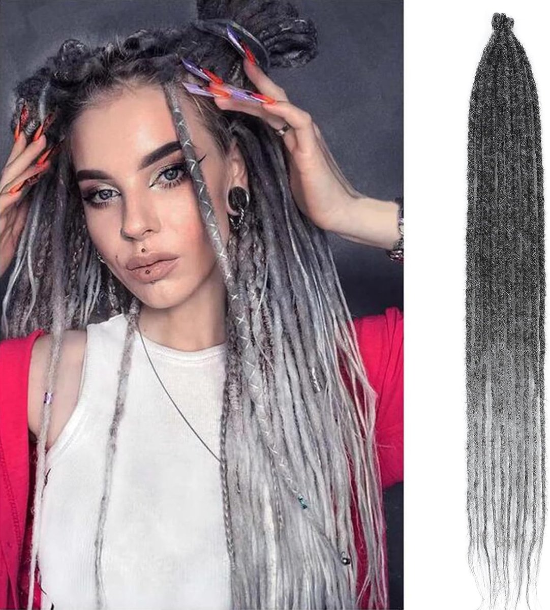 10 Strengen Dunne Dreadlock Extensions 24 Inch Grijs Zacht Crochet SE Dreads Reggae stijl Synthetisch Vlechthaar 0.6 cm Breedte Loc Extensions voor Vrouwen Mannen(SE 10 Strands 24inch, 1B/Gray)