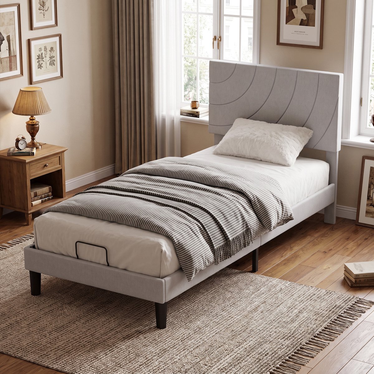 KUTAS 1 Persoons Bed 90 x 200 cm - Gestoffeerd Bedframe - Verstelbaar Hoofdbord - Lattenbodem - Antislip Bedpoten - Grijs
