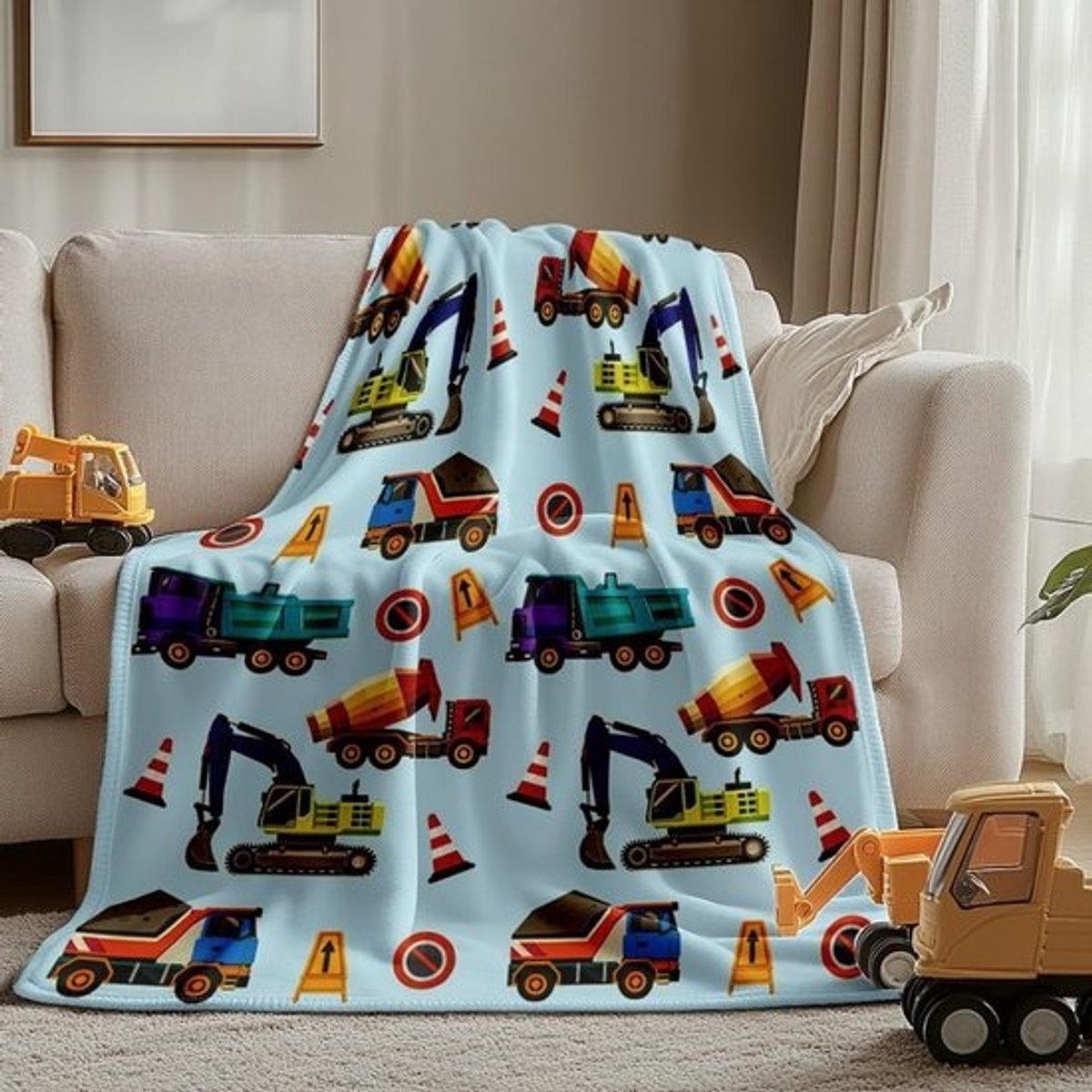 Zachte Flanellen Dekentje met Graafmachine en Tractor Print voor Kantoor, Slaapkamer en Woonkamer - 130 x 137 cm, Perfect als Cadeau voor Kinderen en Volwassenen
