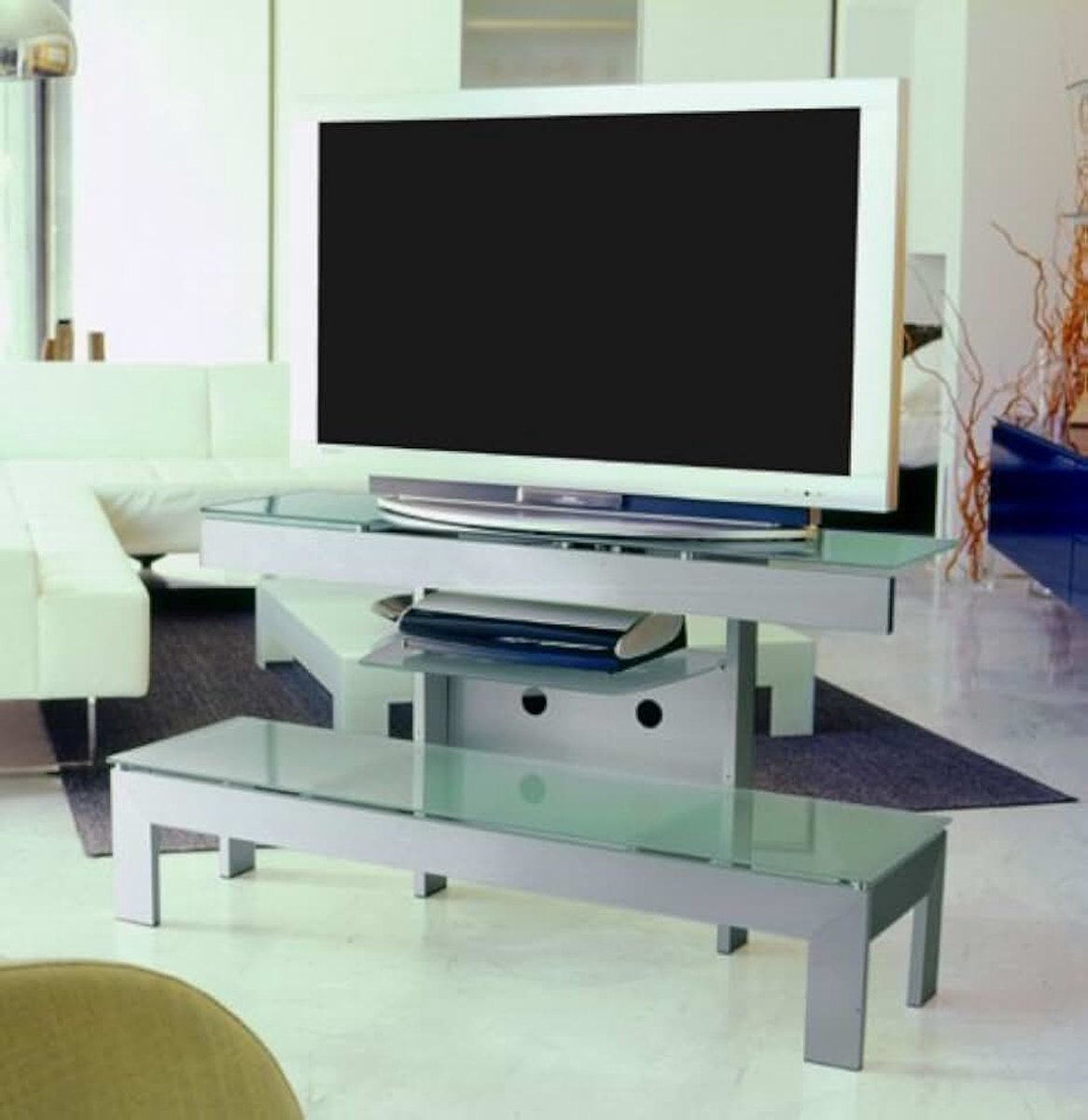 TV-kast met lade van gesatineerd aluminium met de hand geborsteld, tafelblad en legplank van gehard kristalglas, gezandstraald, techniek, Prisma 120C