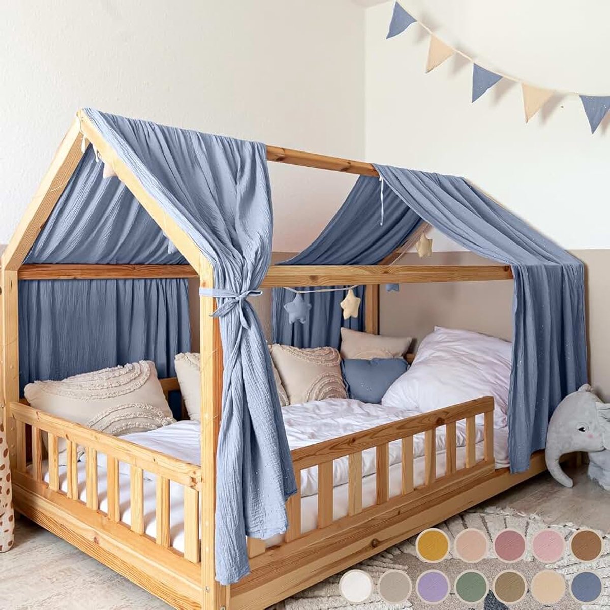 Hemelsblauw, set van 2, H 350 x B 135 cm, kinderen, hemelbed, gordijnen, mousseline met ademend en zacht, bedhemel, huisbed, decoratie voor baldakijn, kinderbed, kinderkamer