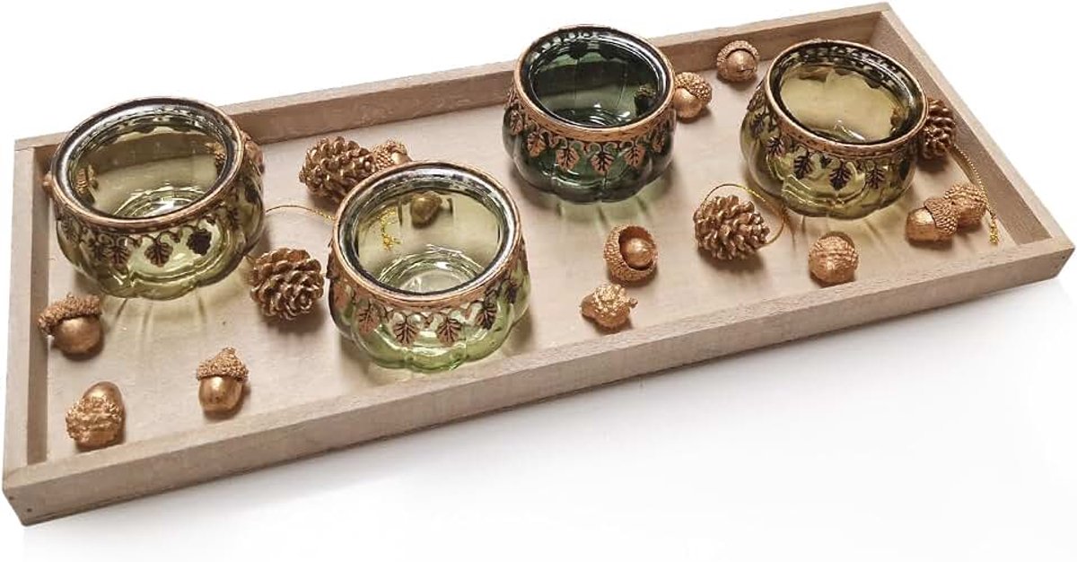 Cadeauset herfst en Kerstmis decoratie met 4 vintage theelichtglazen in goud natuur en groen 45 x 18 x 10 cm