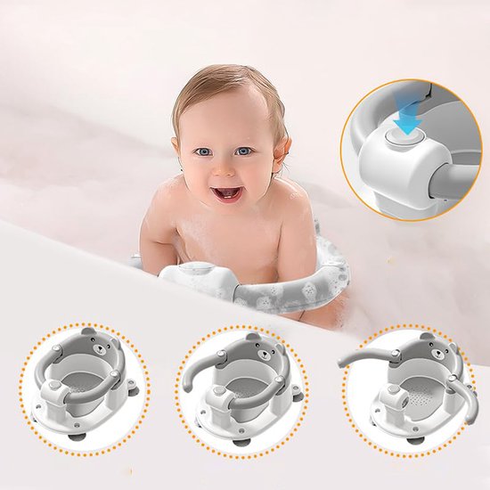 Badzitje voor Baby - Baby Badstoel vanaf 6 Maanden - Met 4 Zuignappen - Rugleuning & Armsteun met Drukknop - Waterafvoer - Voor Badkuip en Badkamer - Grijs/Wit — afbeelding 3