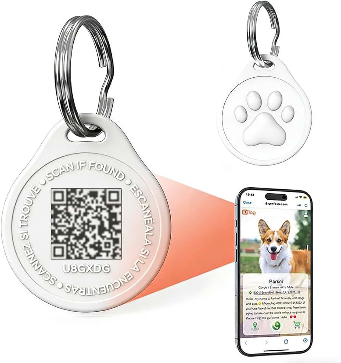 Huisdierpenning, anti-verliespenning, huisdierpenning voor katten en honden, met gepersonaliseerde gegevens (wit).