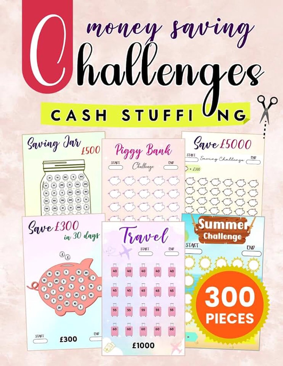Saving Challenge Inserts: For UK Cash Stuffing, 300 Challenges, Sheets & Category Labels to Cut-out, Suitable for Storage in Zipper Envelopes A6