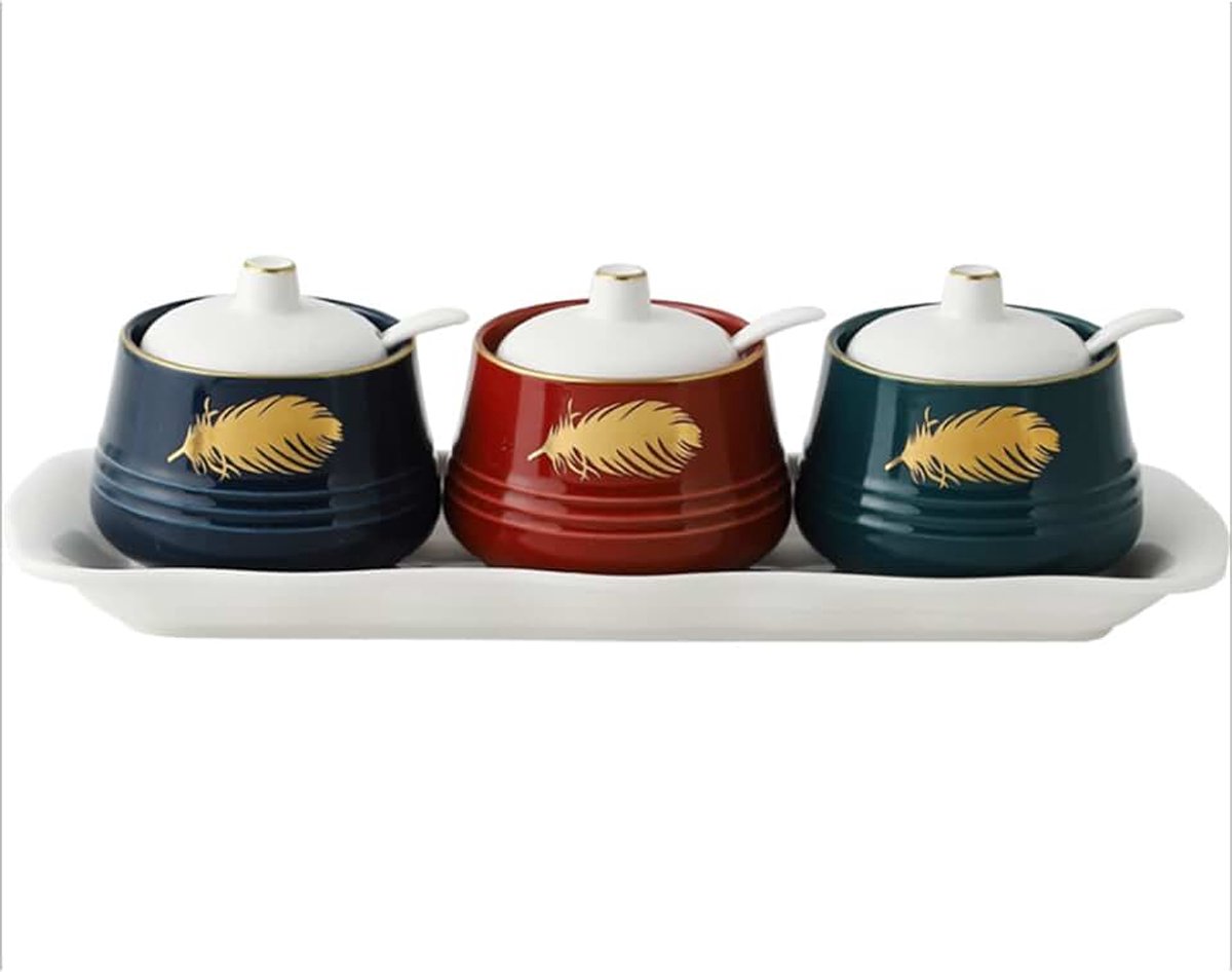 Kruidenpot, 3-delige set van Scandinavische huishoudelijke keuken, MSG zoutsuikerpot, kruidenflesdoos met deksellepel en dienblad, ook voor aanrechtdecoratie (Feather)