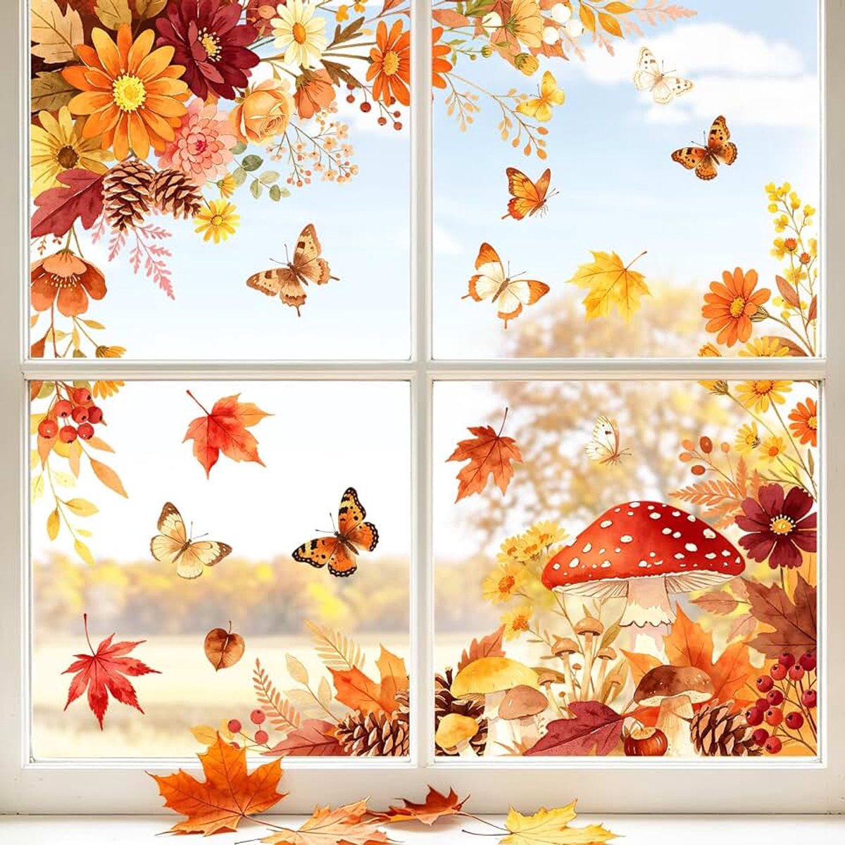 Raamfoto's, zelfklevend, herfstbloemen, raamstickers, wilde bloemen, vlinder, paddenstoelen, esdoornbladeren, oogstfeest, raamsticker, anti-botsing, raamdecoratie