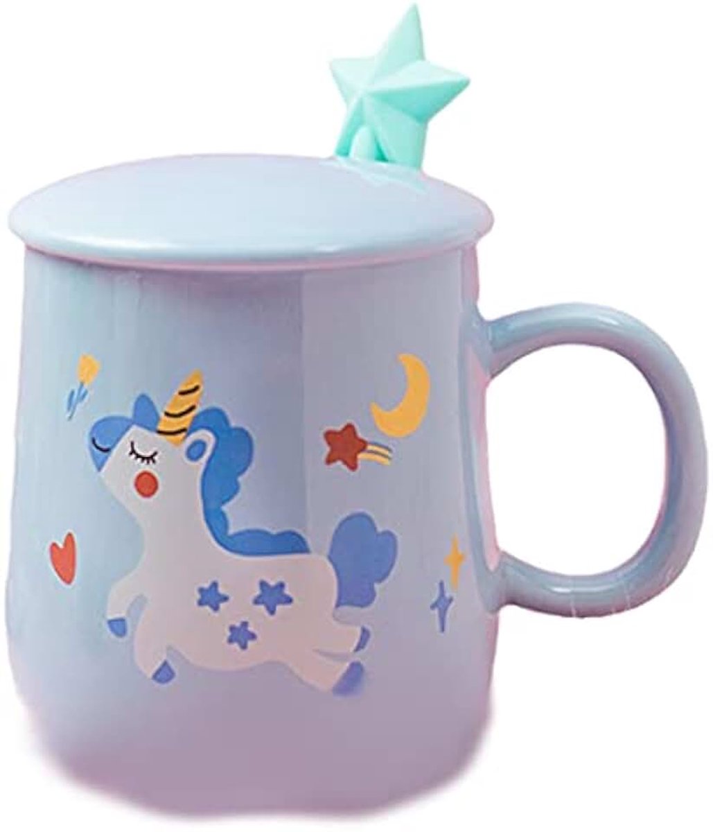 Mok met deksel Lepel 3D Leuke Keramische Koffie Thee Cup Paar Mok Set voor Vrouwen Vriend Liefhebbers (eenhoorn ster blauw, 400 ml)