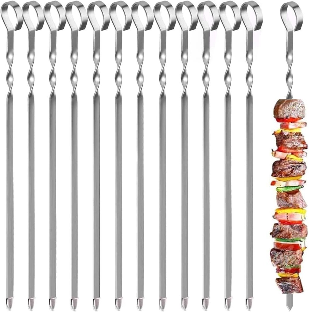 12 stuks, grillspiesen, kabob spiesen, 39 cm, roestvrij staal, lange spiesen, sjasliekspiesen, vleesspiesen, voor kampvuur of grillschaal