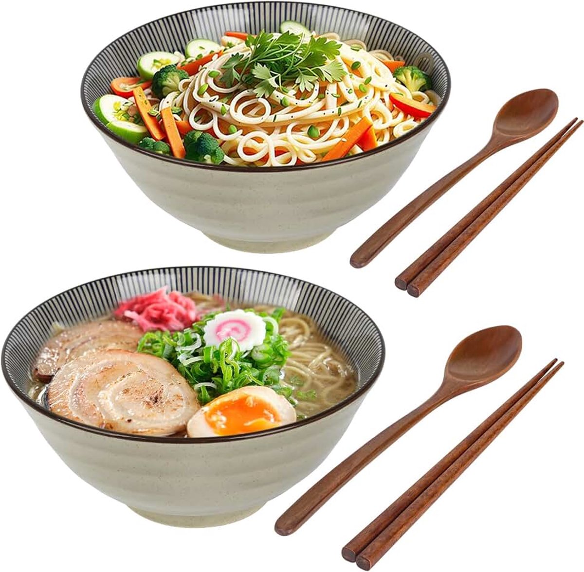 Set van 2 keramische ramenkommen - Japanse noedelkommen met eetstokjes en lepels voor soep, pasta, fruitsalade, rijstvoedsel - 1100 ml, magnetronbestendig - housewarming cadeaus voor nieuw huis (kaki)