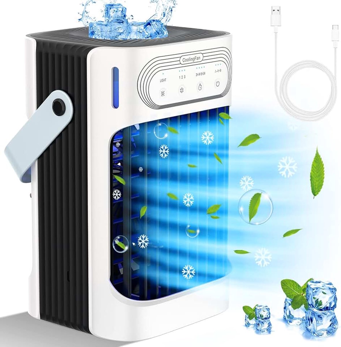 Luchtkoeler met 800ml Watertank, 4-in-1 Mini Verdampingsairconditioner met 3 Snelheden Koel- & Nevelstanden, 7-Kleuren Licht, 2-8H Timer, Mobiele Airconditioner voor Thuis/Kantoor