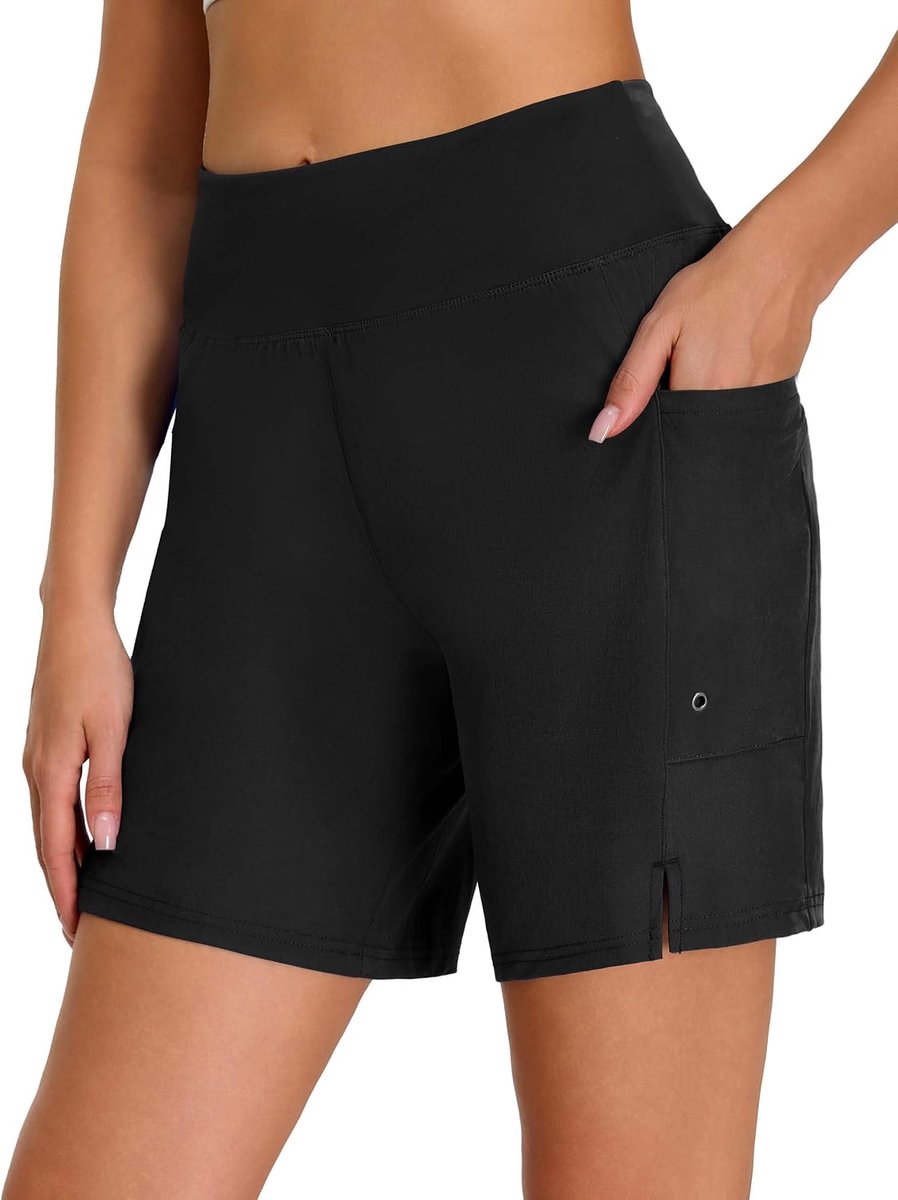 Shorts voor dames, hoge taille, uv-bescherming UPF 50+, buikweg, zwemshorts, sneldrogend, chloorbestendig, waterafstotend, met binnenslip en zakken