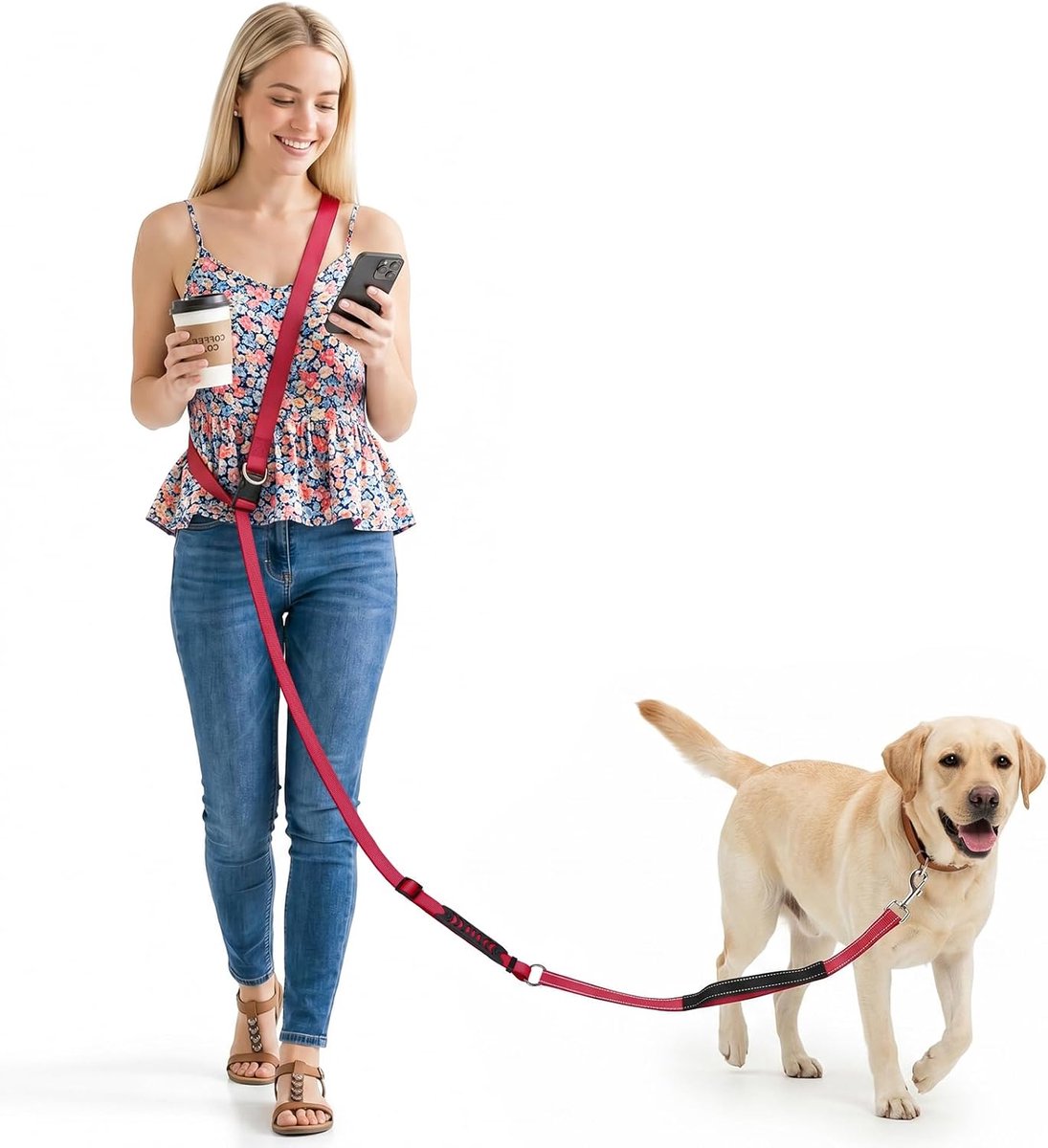 Hondenriem, handsfree, multifunctionele looplijn voor grote, middelgrote en kleine honden, verstelbare tailleriem, hondenriem met dubbele handgreep, metalen gesp, 0,8-2,35 m