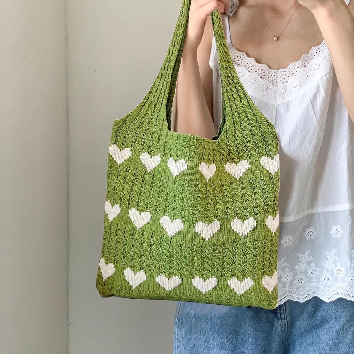 Schoudertas, 38 x 35 cm, gebreide tas, gehaakte tas, tote bag, hartvormige strandtas, schoudertas, geweven tas, gehaakte tas voor tieners en meisjes, hartvormige mode, groen, 38×35cm