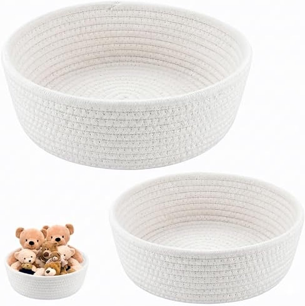 Set van 2 opbergmanden, gevlochten katoenen touw, ronde manden, organizer, katoenen touw, gevlochten voor decoratie, opslag in slaapkamers, woonkamers, kantoren (wit)
