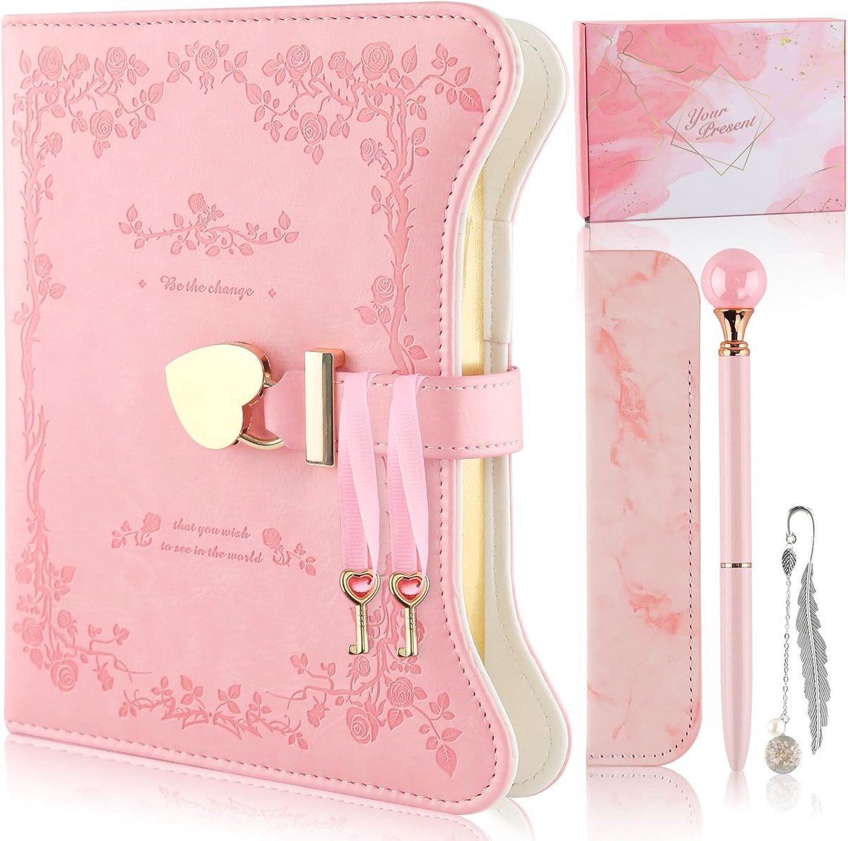 Meisjesdagboek met slot en sleutel - Cadeauset met hartvormig slotdagboek, balpen, bladwijzer, etui, notitieboek met gouden rand van 360 pagina's, kerstcadeaus voor meisjes