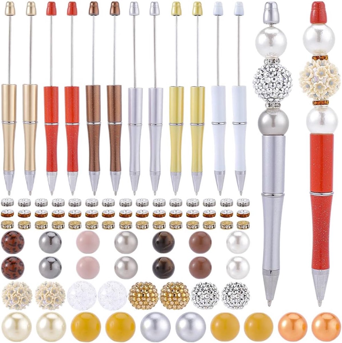 12 sets met 101 kunststof pennen met kralen, gesorteerde parelstiften, afstandhouders met strass, bubblegum, meerkleurig, doe-het-zelf balpenset voor vrouwen en mannen, accessoires