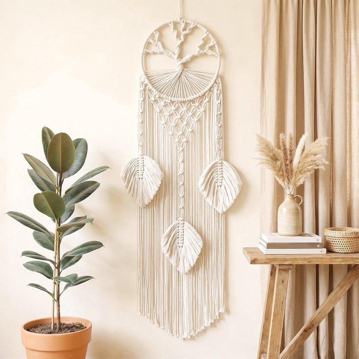 Dromenvanger wandbehang, levensboom, dromenvanger, macramé, geweven veren, wandbehang, boho wanddromenvanger, handgemaakte dromenvanger, boho voor slaapkamer, woonkamer