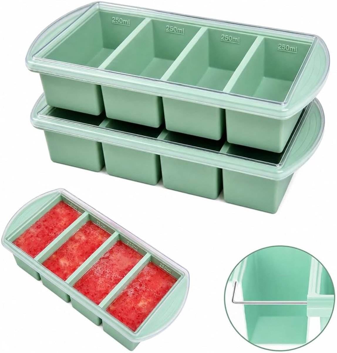 Vriesschaal met deksel, 2 stuks, 4 vakken, voor het invriezen van soepen, soepen, bouillons, sauzen, ijsblokjes (mintgroen)
