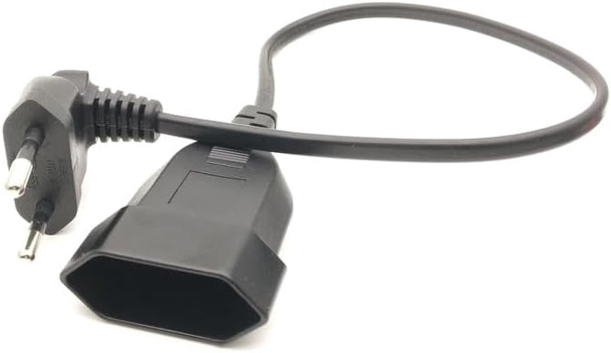 2-polige verlengkabel, 1 m, 90 graden schuine stekker op stopcontact, voor pc, computer, PDU, USV, korte kabel