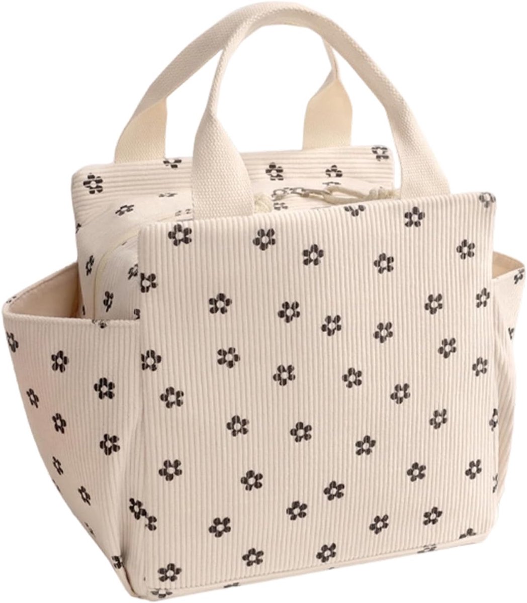 Lunchtas, geïsoleerde lunchbox, koeltas, klein, voor vrouwen en mannen, schattige corduroy lunchtas met flessenhouder, mini-koeltas voor werk, school, kantoor, picknick, snackzak (12 liter)