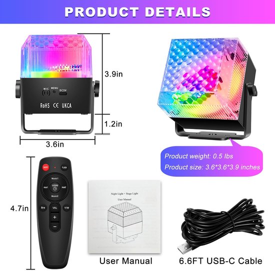 Disco feestverlichting, slaapkamer decor nachtlampje projector met 3 kleuren warm wit licht+RGB Disco Ball Effect Dj Strobe Lights voor Home Feesten Dans Kerstmis Halloween Decor — afbeelding 5