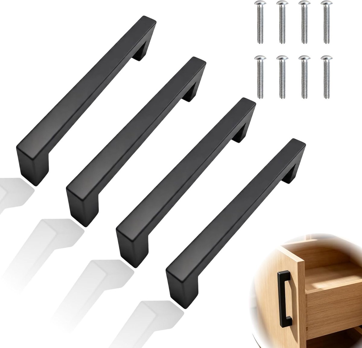 Set van 4 zwarte meubelgrepen, zwarte kastgrepen, zwarte keukengrepen, keukendeurgrepen, zwarte ladegrepen, zwarte meubelgreep, moderne handgrepen