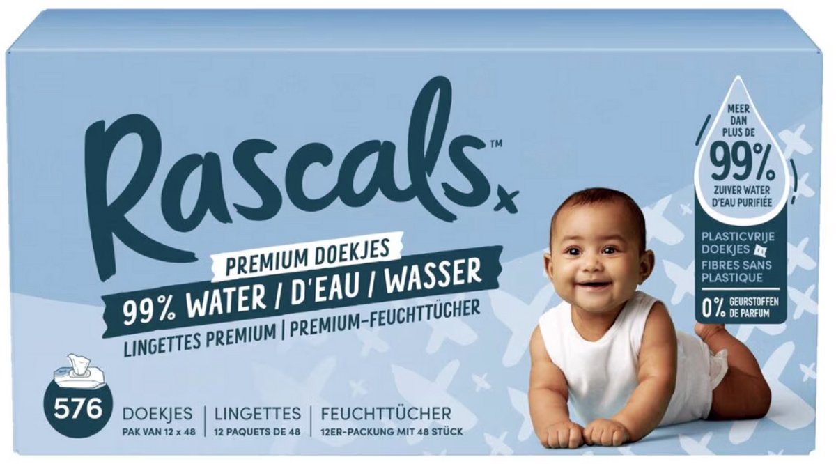 Rascals 99% Water Premium Doekjes - Babydoekjes - 99% Water Plasticvrij - 576 Stuks (12 x 48)