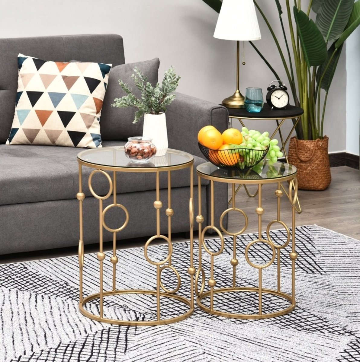 FloraGrace 2-Delige Bijzettafelset - Ronde Tafels met Glazen Blad - Nestbaar voor Woonkamer en Slaapkamer - Metaal - Goud - 41 x 57 cm