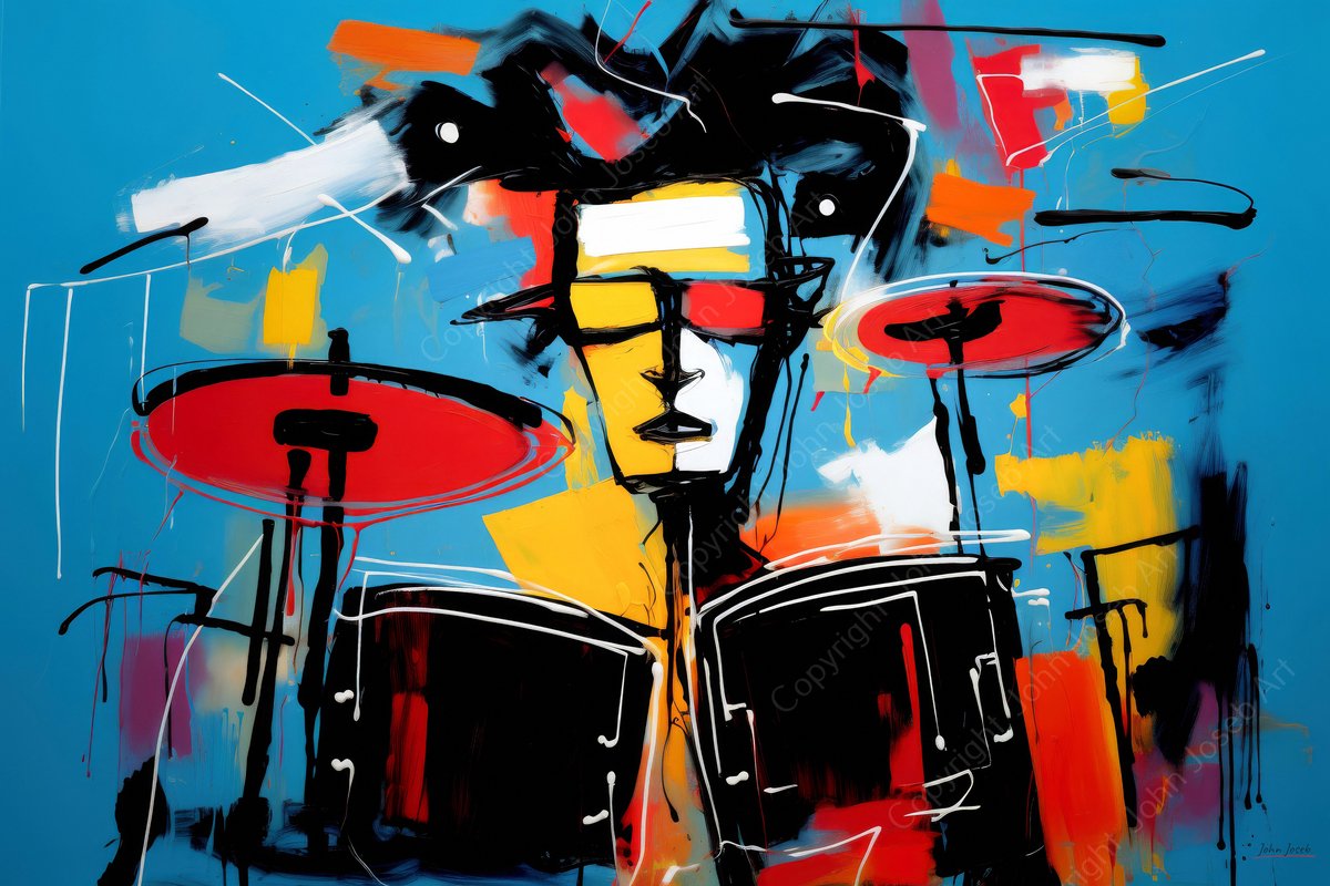 John Joseb Art (Aluminium) 60x40 | Drumstel, drummer, abstract, Herman Brood stijl, kleurrijk, kunst | muziek, muziekinstrument, rood, geel, blauw, modern | foto-schilderij op dibond, metaal wanddecoratie