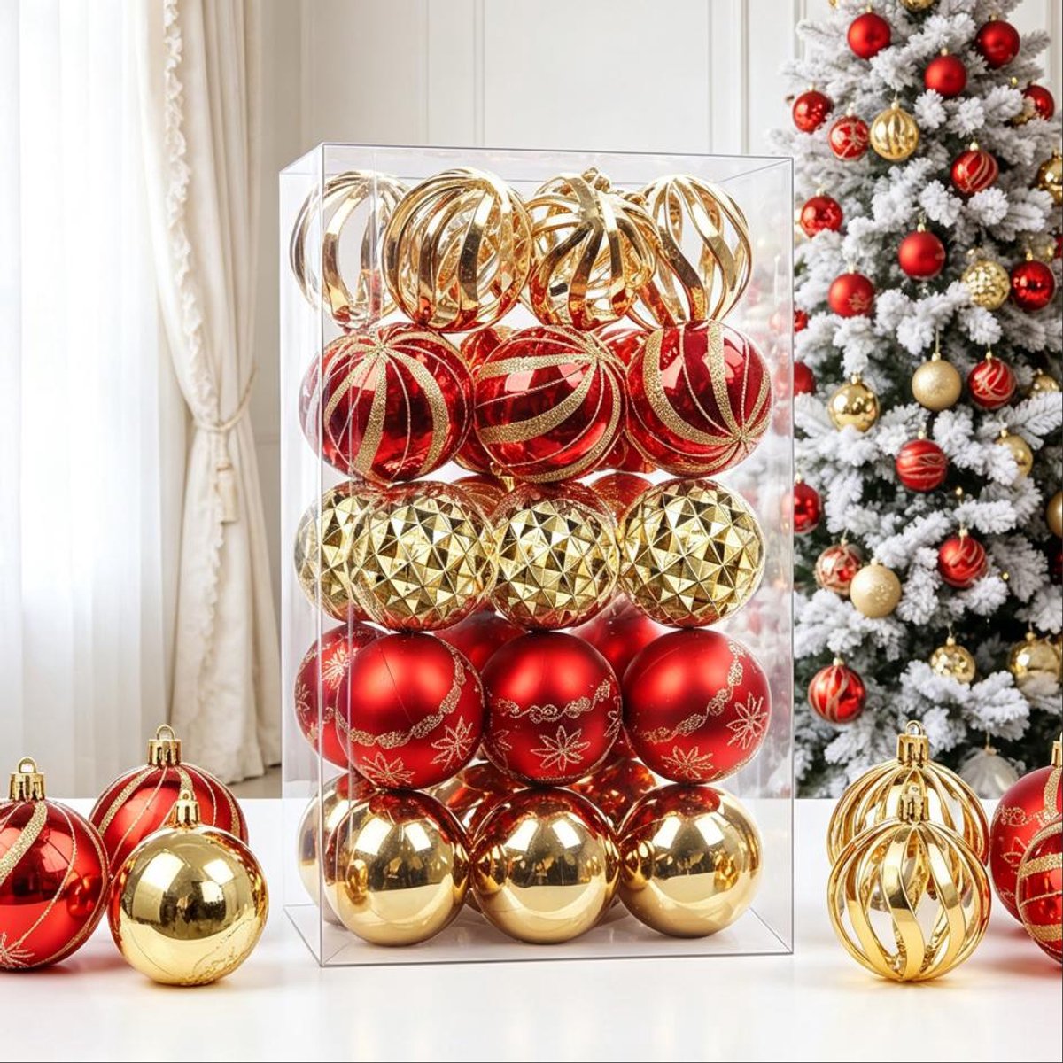 Kerstballen Set 30 Stuks – 6 cm Kerstballen voor Kerstboom – Decoratieve Kunststof Kerstversiering – Mix van Afwerkingen – Rood/Goud