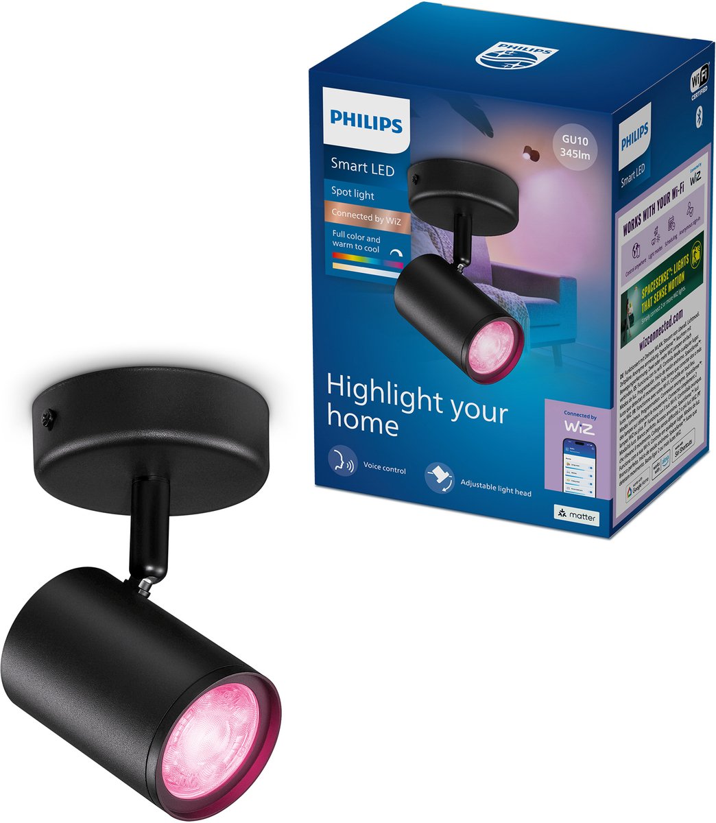 Philips Smart Lighting - opbouwspot - 1 spot - rgb - gekleurd en instelbaar wit licht - dimbaar - zwart - 1x5w - gu10 fitting - werkt met de wiz app - wifi