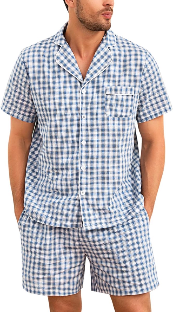 Herenpyjama-set met korte mouwen, geruite pyjama's, katoen, geruite loungewear, top en broek, 2-delige nachtkleding, nachtkleding klassiek met zakken, Plaid-marine, XXL